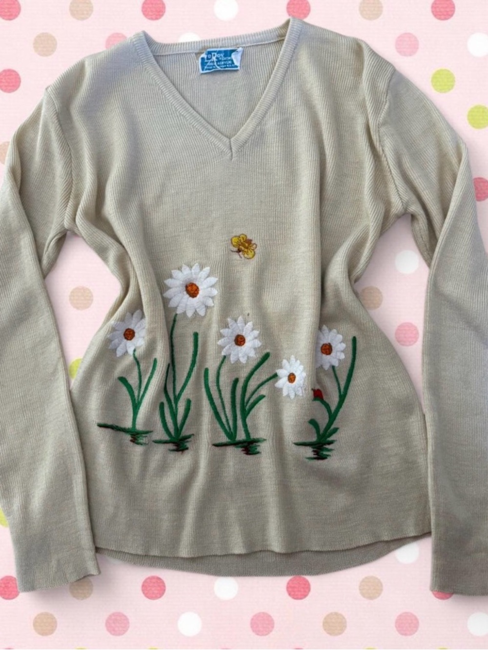 1970s cream embroidered knit sweater